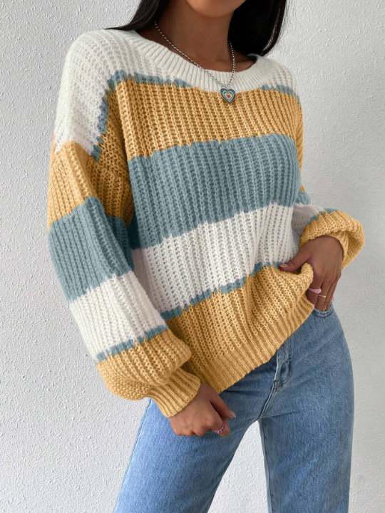 Essnce Women's Striped Drop Shoulder Sweater Pullover