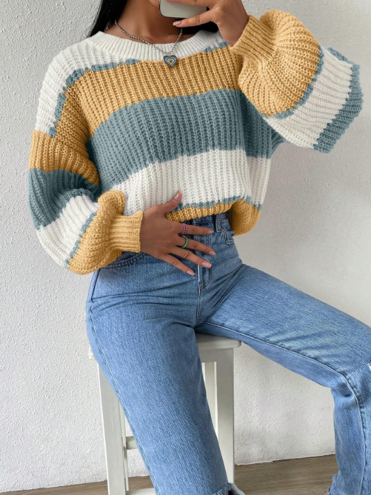 Essnce Women's Striped Drop Shoulder Sweater Pullover