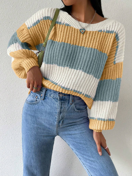 Essnce Women's Striped Drop Shoulder Sweater Pullover