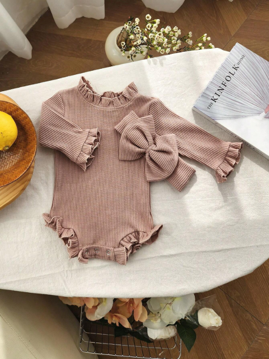 Spring Autumn Toddler Baby Girl Romper Cotton Ribbed Flared Sleeve Jumpsuit + Bow Headband Sweet Infant Outfits Set