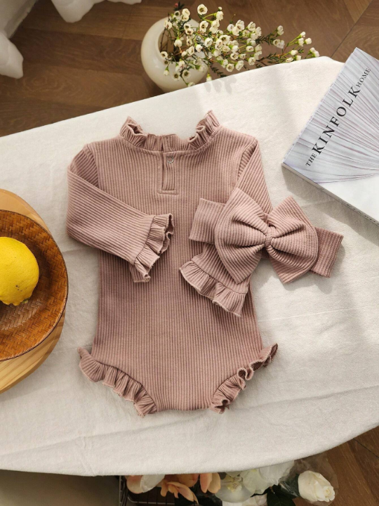 Spring Autumn Toddler Baby Girl Romper Cotton Ribbed Flared Sleeve Jumpsuit + Bow Headband Sweet Infant Outfits Set