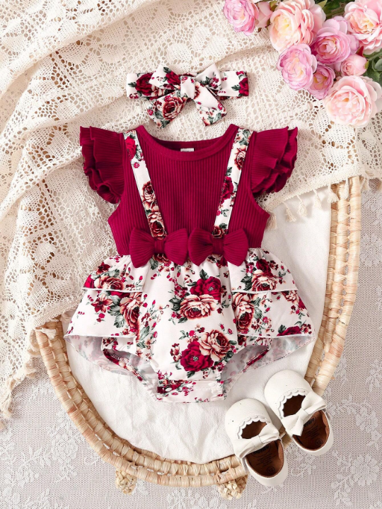 Baby Girls' Flower And Patchwork Print Romper With Ruffle Hem