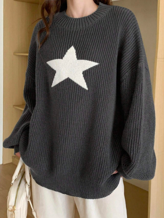 DAZY Women's Drop Shoulder Star Pattern Pullover Sweater