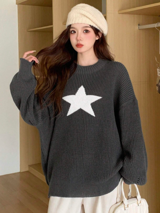 DAZY Women's Drop Shoulder Star Pattern Pullover Sweater