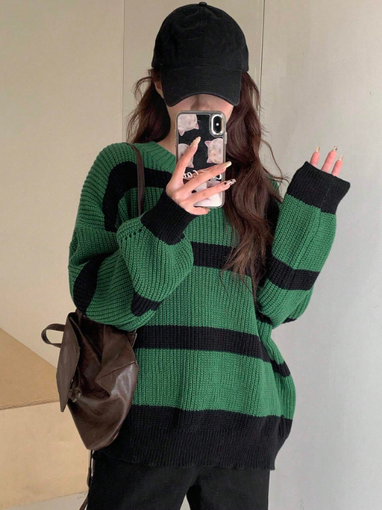 DAZY Color Block Round Neck Striped Drop Shoulder Sweater