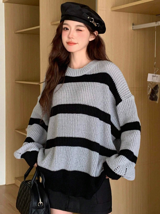 DAZY Women's Drop Shoulder Round Neck Sweater With Color-Block Stripes