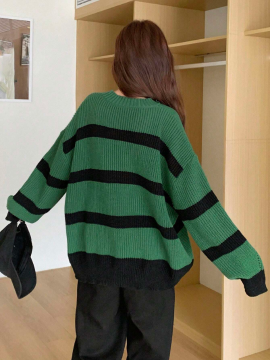 DAZY Color Block Round Neck Striped Drop Shoulder Sweater