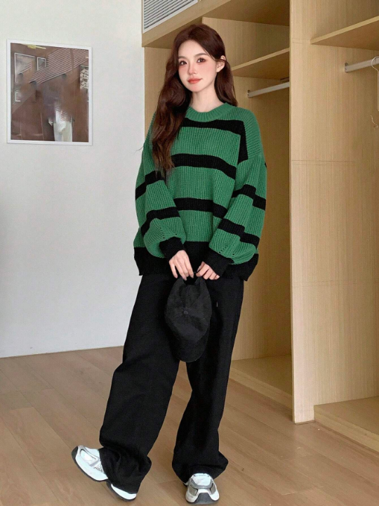 DAZY Color Block Round Neck Striped Drop Shoulder Sweater