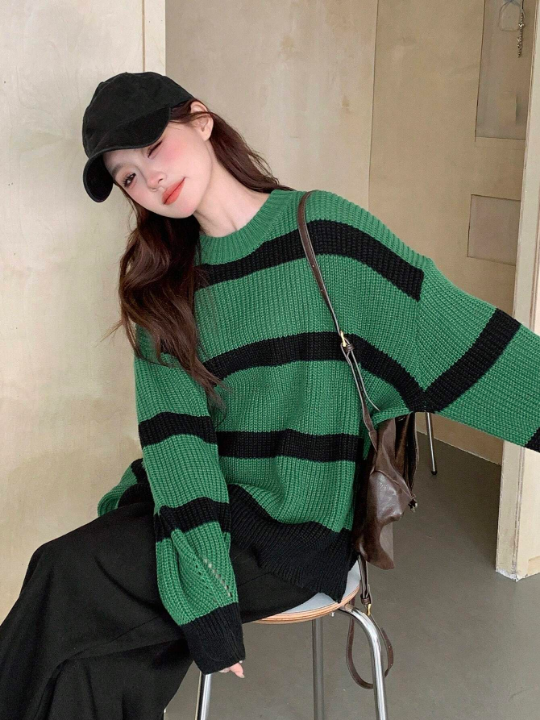 DAZY Color Block Round Neck Striped Drop Shoulder Sweater