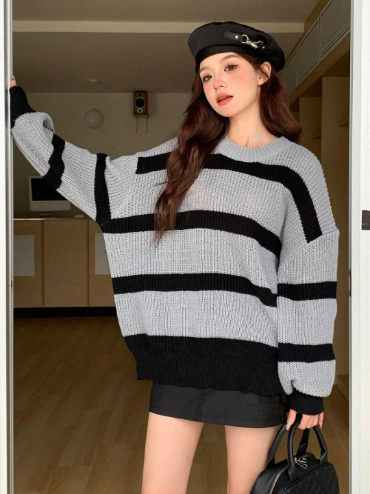 DAZY Women's Drop Shoulder Round Neck Sweater With Color-Block Stripes