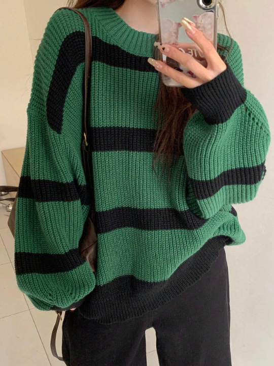 DAZY Color Block Round Neck Striped Drop Shoulder Sweater