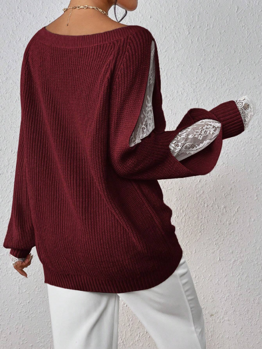 Priv Women's Contrast Color Lace Raglan Long Sleeve Sweater