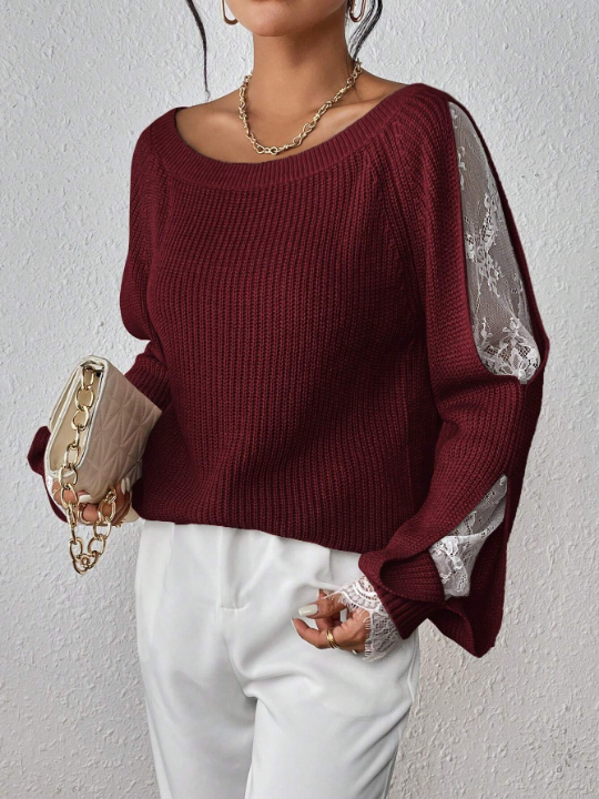 Priv Women's Contrast Color Lace Raglan Long Sleeve Sweater