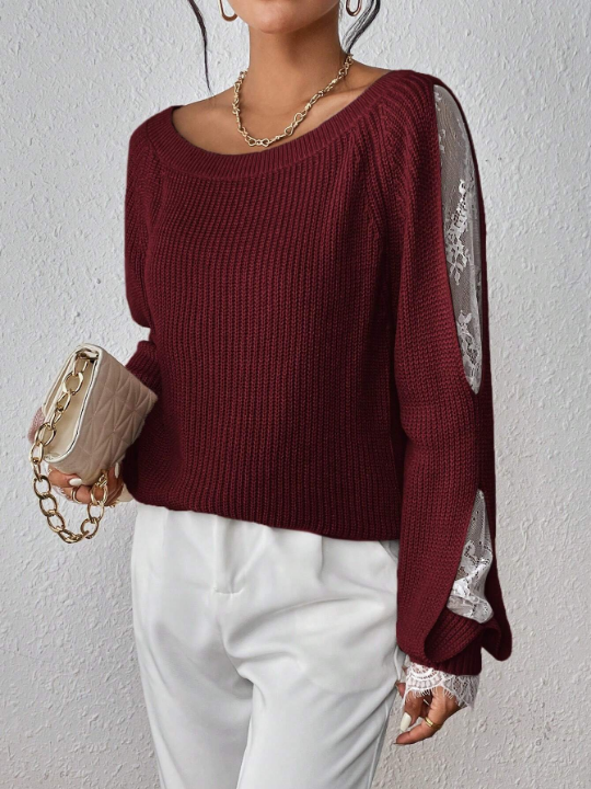 Priv Women's Contrast Color Lace Raglan Long Sleeve Sweater