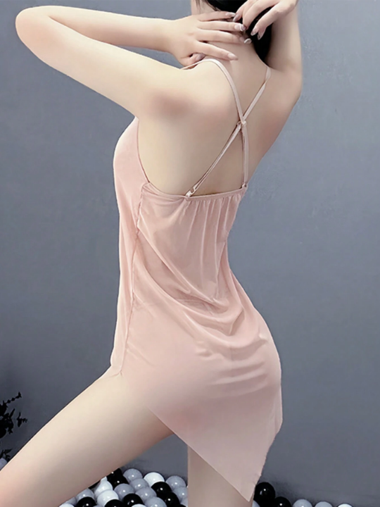 Sexy Lingerie Sheer Strappy Nightgown, Hot Slim Fit, See-Through, Non-Removable, For Small Bust Women, Dress Up Cosplay Uniform