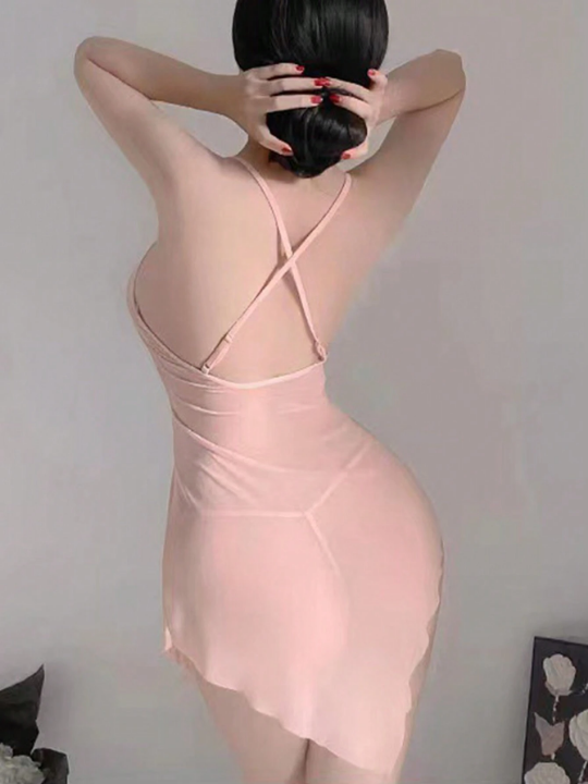 Sexy Lingerie Sheer Strappy Nightgown, Hot Slim Fit, See-Through, Non-Removable, For Small Bust Women, Dress Up Cosplay Uniform
