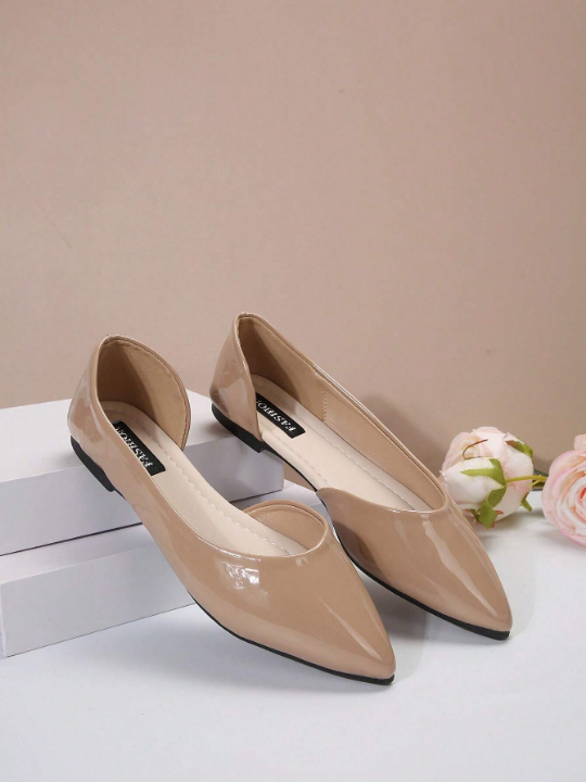 Fashionable Women's Spring And Autumn Pointy Toe Apricot Pu Leather Hollow Out Flat Shoes, Slip-On, Comfortable, Anti-Slip, Suitable For Work, Party, Shopping, Students, Elegant And Stylish Women's Shoes