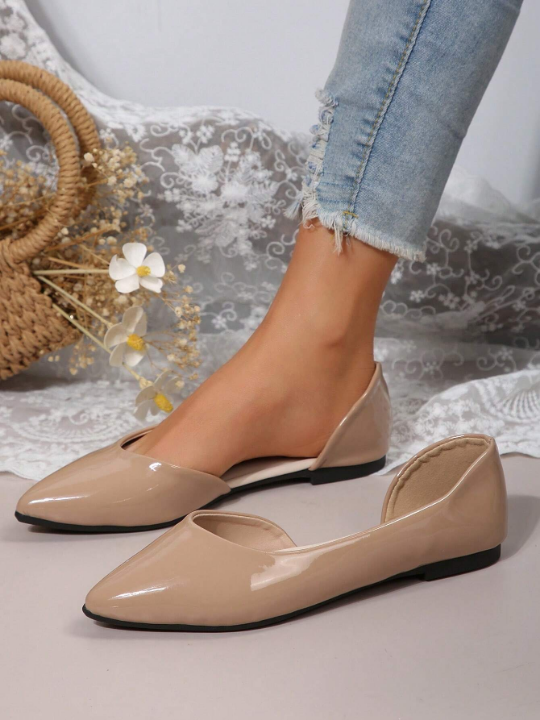 Fashionable Women's Spring And Autumn Pointy Toe Apricot Pu Leather Hollow Out Flat Shoes, Slip-On, Comfortable, Anti-Slip, Suitable For Work, Party, Shopping, Students, Elegant And Stylish Women's Shoes