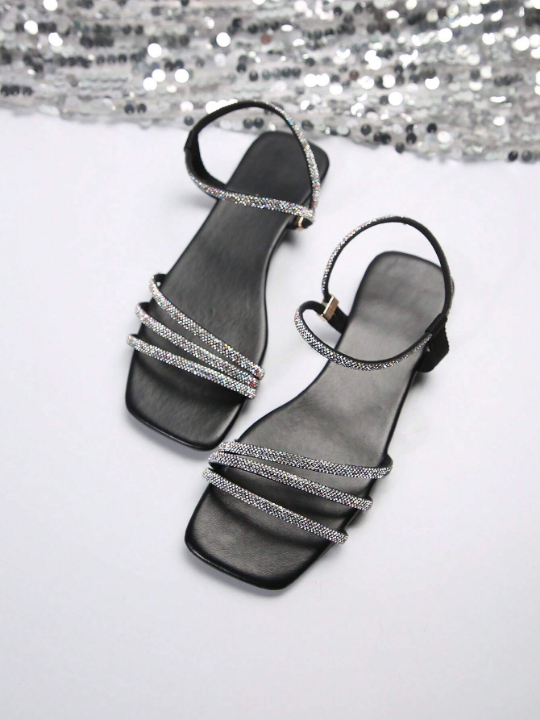 New Arrival Women's Black Square Toe Flat Slippers With Rhinestone & Soft Bottom For Summer & Autumn, Fashionable For Outdoor & Beach Wear