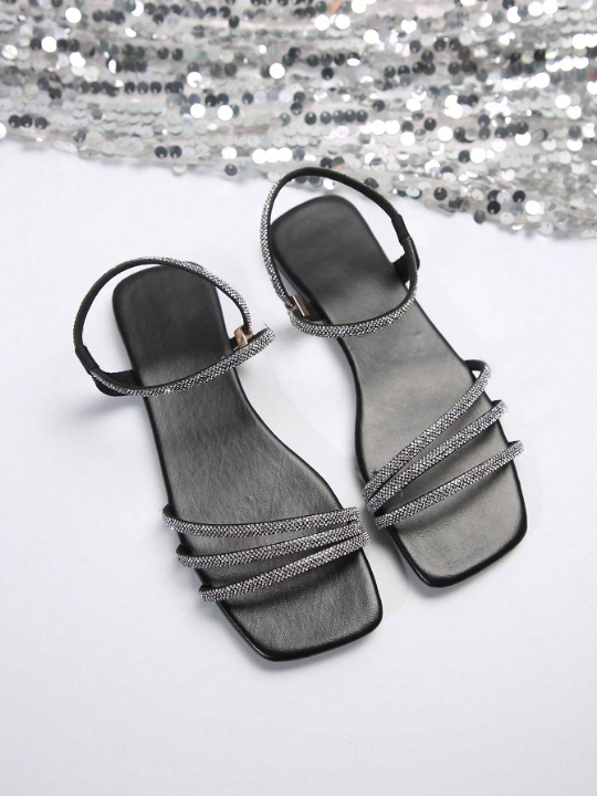 New Arrival Women's Black Square Toe Flat Slippers With Rhinestone & Soft Bottom For Summer & Autumn, Fashionable For Outdoor & Beach Wear