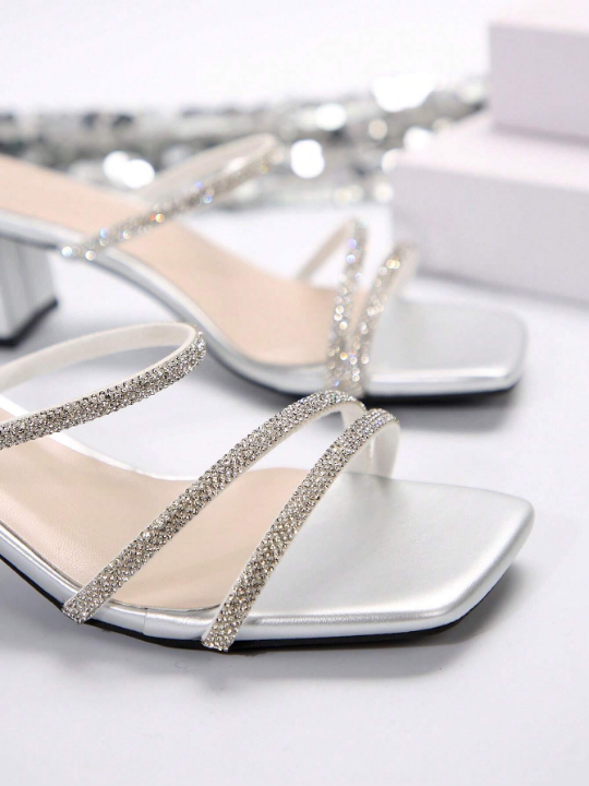 Women's Silver Femme Style Square Toe Chunky Heel Sandals For Summer & Autumn Fashionable Versatile Trend Multiple Strap French Rhinestone High Heel Shoes