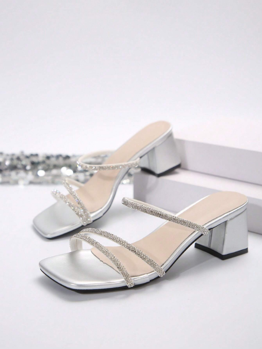 Women's Silver Femme Style Square Toe Chunky Heel Sandals For Summer & Autumn Fashionable Versatile Trend Multiple Strap French Rhinestone High Heel Shoes