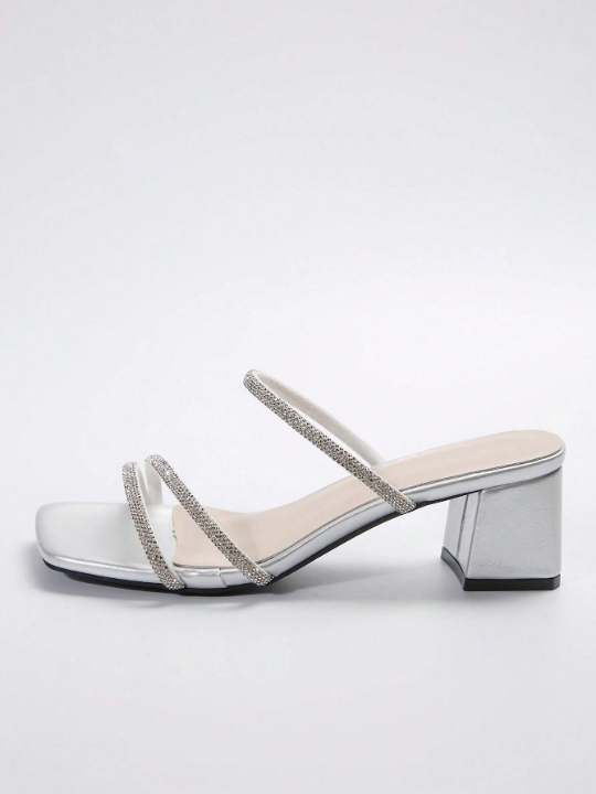 Women's Silver Femme Style Square Toe Chunky Heel Sandals For Summer & Autumn Fashionable Versatile Trend Multiple Strap French Rhinestone High Heel Shoes