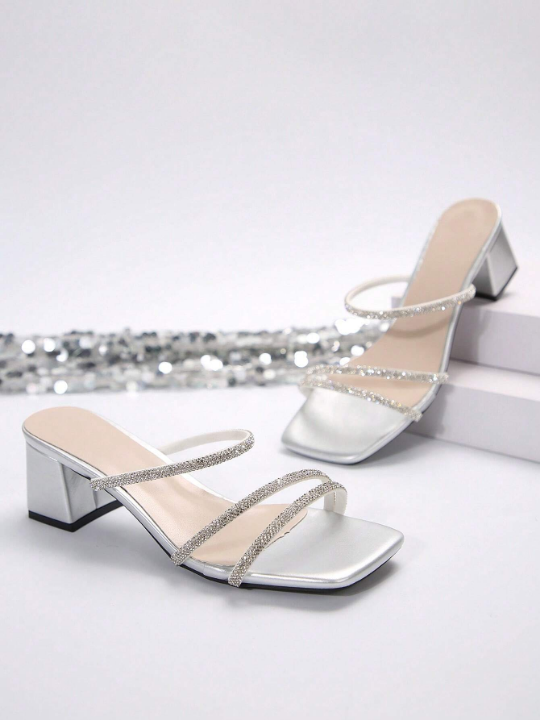 Women's Silver Femme Style Square Toe Chunky Heel Sandals For Summer & Autumn Fashionable Versatile Trend Multiple Strap French Rhinestone High Heel Shoes