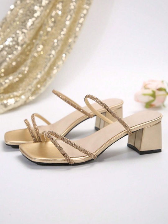 Golden Fairy Style Open-Toe Chunky Heel Sandals For Women, Fashionable & Versatile, Featuring Multiple Straps With Rhinestones In French Style, Excellent For Summer And Autumn