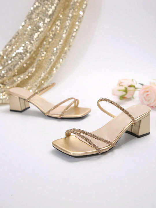 Golden Fairy Style Open-Toe Chunky Heel Sandals For Women, Fashionable & Versatile, Featuring Multiple Straps With Rhinestones In French Style, Excellent For Summer And Autumn