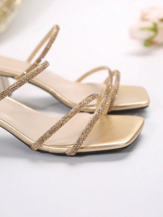 Golden Fairy Style Open-Toe Chunky Heel Sandals For Women, Fashionable & Versatile, Featuring Multiple Straps With Rhinestones In French Style, Excellent For Summer And Autumn