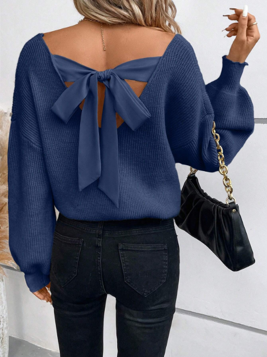 Frenchy Solid Color Knitted Sweater With Back Knot And Drop Shoulder Design