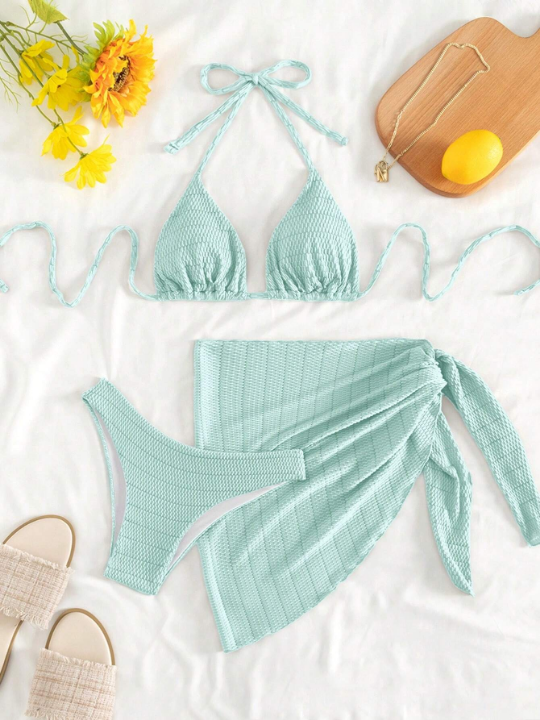 Solid Color Two-Piece Swimsuit Set