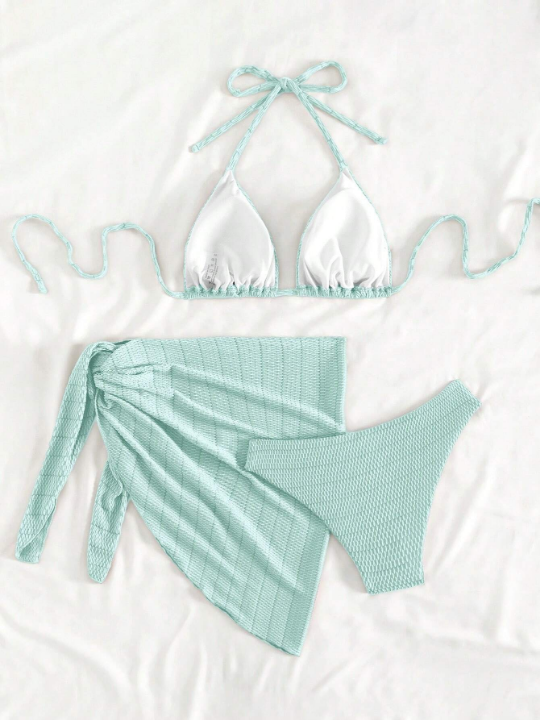 Solid Color Two-Piece Swimsuit Set