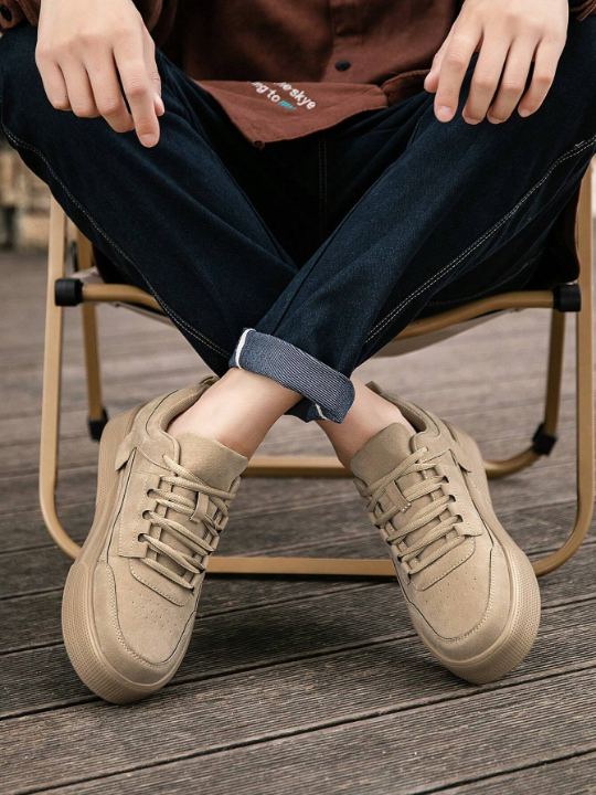 Men's Solid Color Front Lace-Up Skate Shoes, Minimalist Style With Contrast Detail, Round Toe & Thick Platform Sneakers