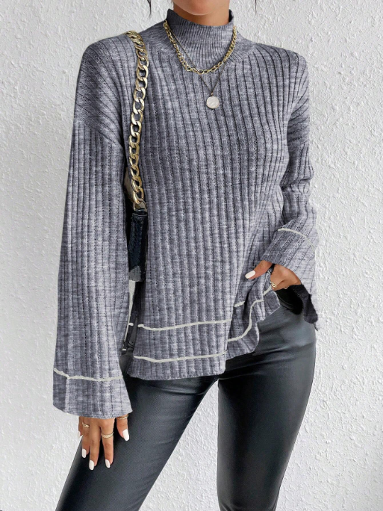 Essnce Stand Collar Drop Shoulder Ribbed Knit Color Block Sweater