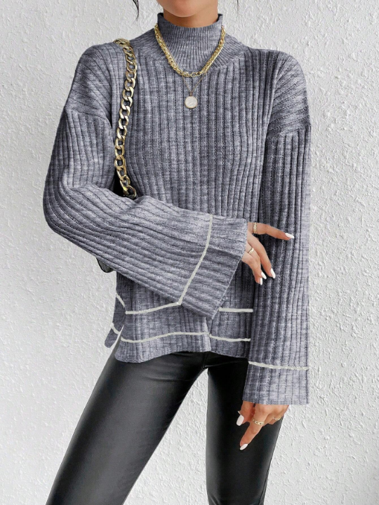 Essnce Stand Collar Drop Shoulder Ribbed Knit Color Block Sweater