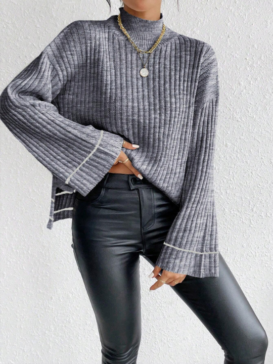 Essnce Stand Collar Drop Shoulder Ribbed Knit Color Block Sweater