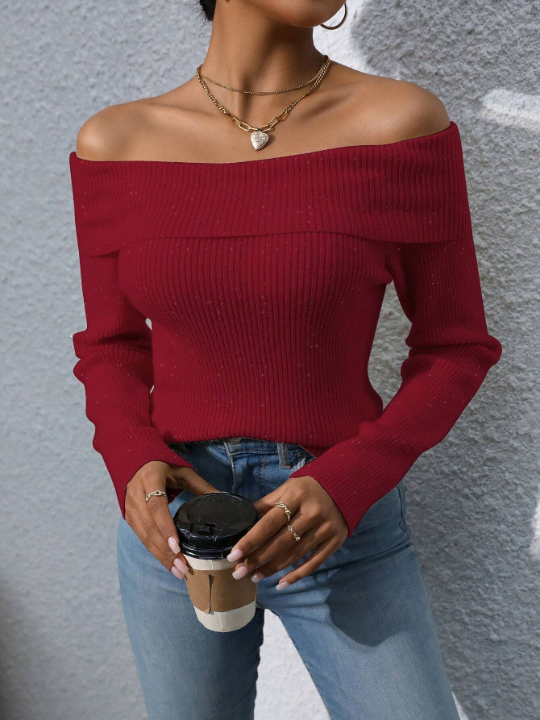 Essnce Off Shoulder Fold-Over Collar Ribbed Knit Top