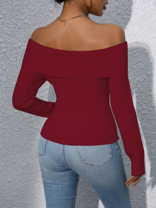 Essnce Off Shoulder Fold-Over Collar Ribbed Knit Top