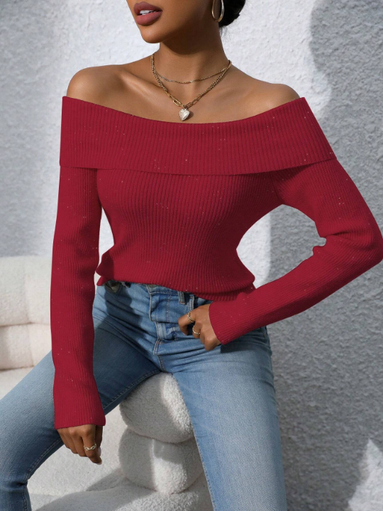 Essnce Off Shoulder Fold-Over Collar Ribbed Knit Top