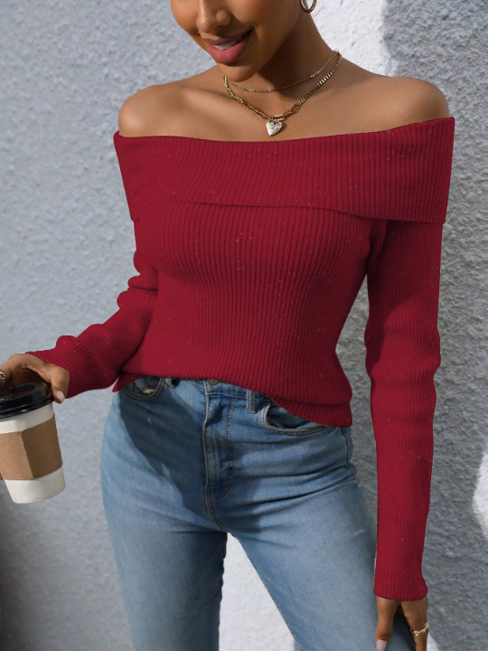 Essnce Off Shoulder Fold-Over Collar Ribbed Knit Top