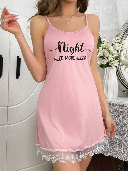 Patchwork Lace Trimmed Letter Print Sleeveless Nightgown