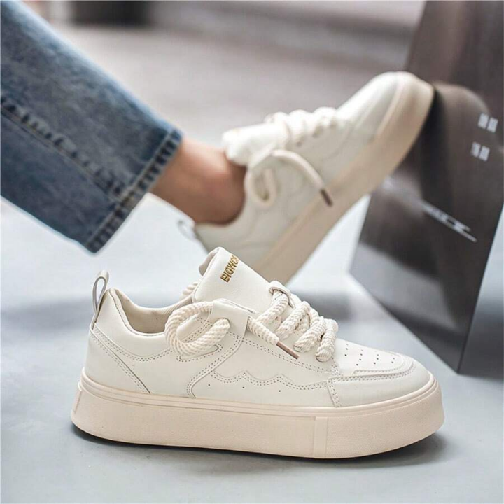 New Seasonal Leather Panel Thick-soled White Sneakers, Fashionable Casual Shoes & Student Trendy Shoes