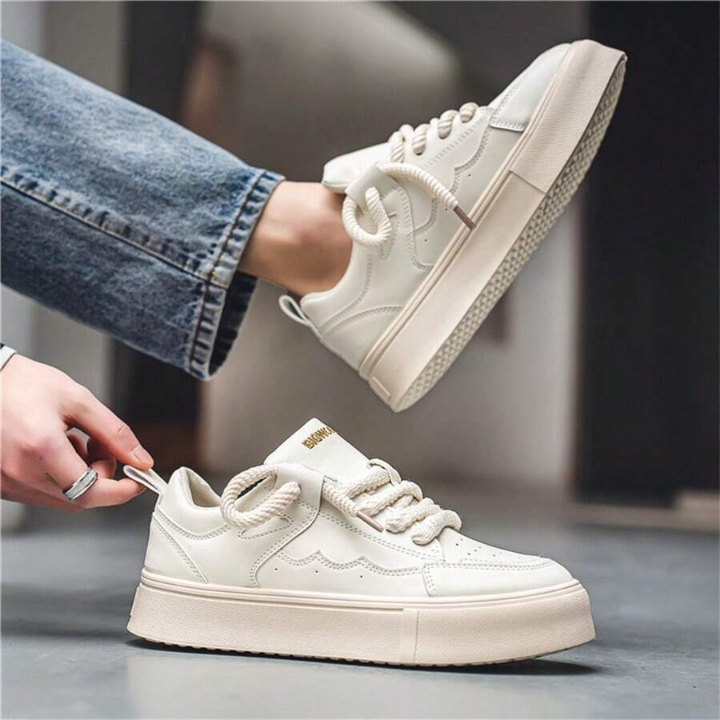 New Seasonal Leather Panel Thick-soled White Sneakers, Fashionable Casual Shoes & Student Trendy Shoes