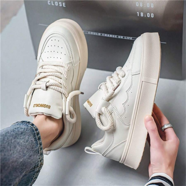 New Seasonal Leather Panel Thick-soled White Sneakers, Fashionable Casual Shoes & Student Trendy Shoes