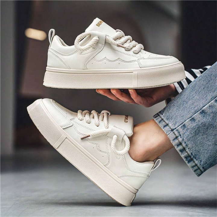 New Seasonal Leather Panel Thick-soled White Sneakers, Fashionable Casual Shoes & Student Trendy Shoes