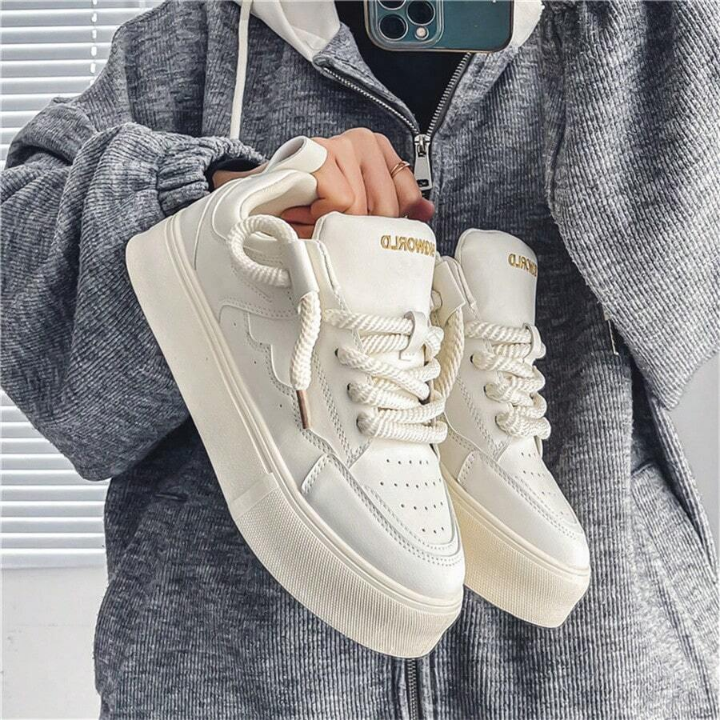 New Seasonal Leather Panel Thick-soled White Sneakers, Fashionable Casual Shoes & Student Trendy Shoes