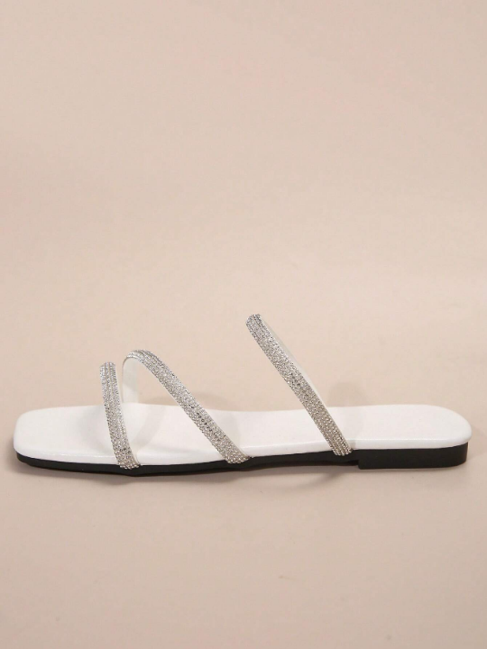 Women's Fashionable Square Toe Multi Strap Rhinestone Decor Summer & Autumn Flat Sandals