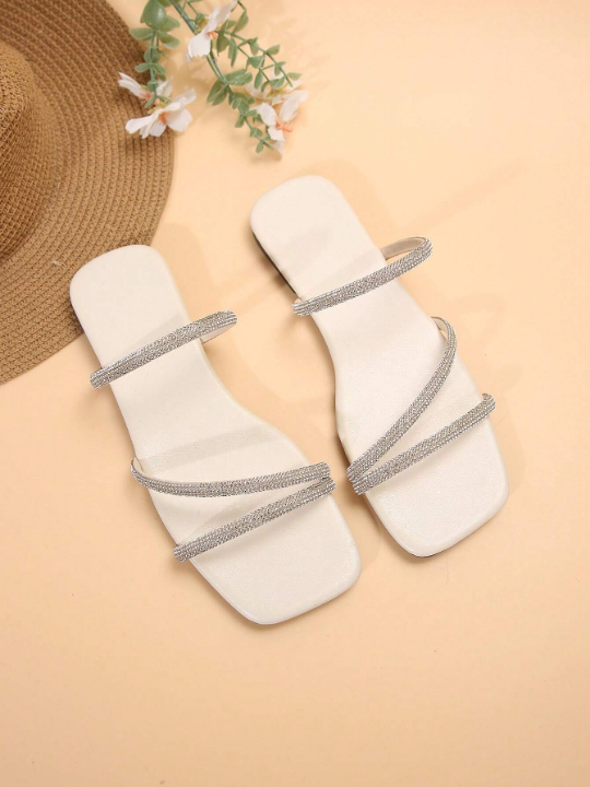 Women's Summer/Fall Fashion Square Toe Sandals With Multiple Straps & Rhinestone Decor, Casual Beige Flat Shoes